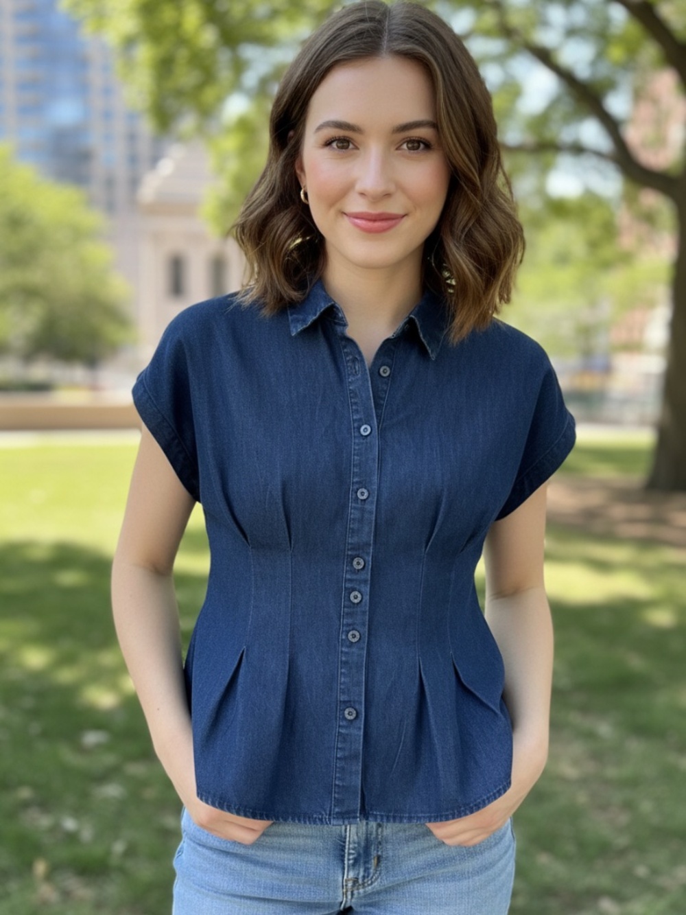 NWT Nine West denim smocked blouse xs